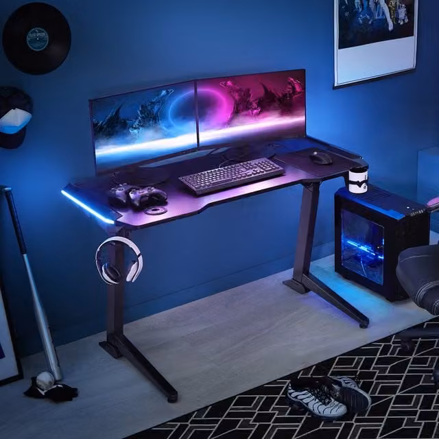 tectake Electrically Height Adjustable Gaming Desk with LED Strips in Black