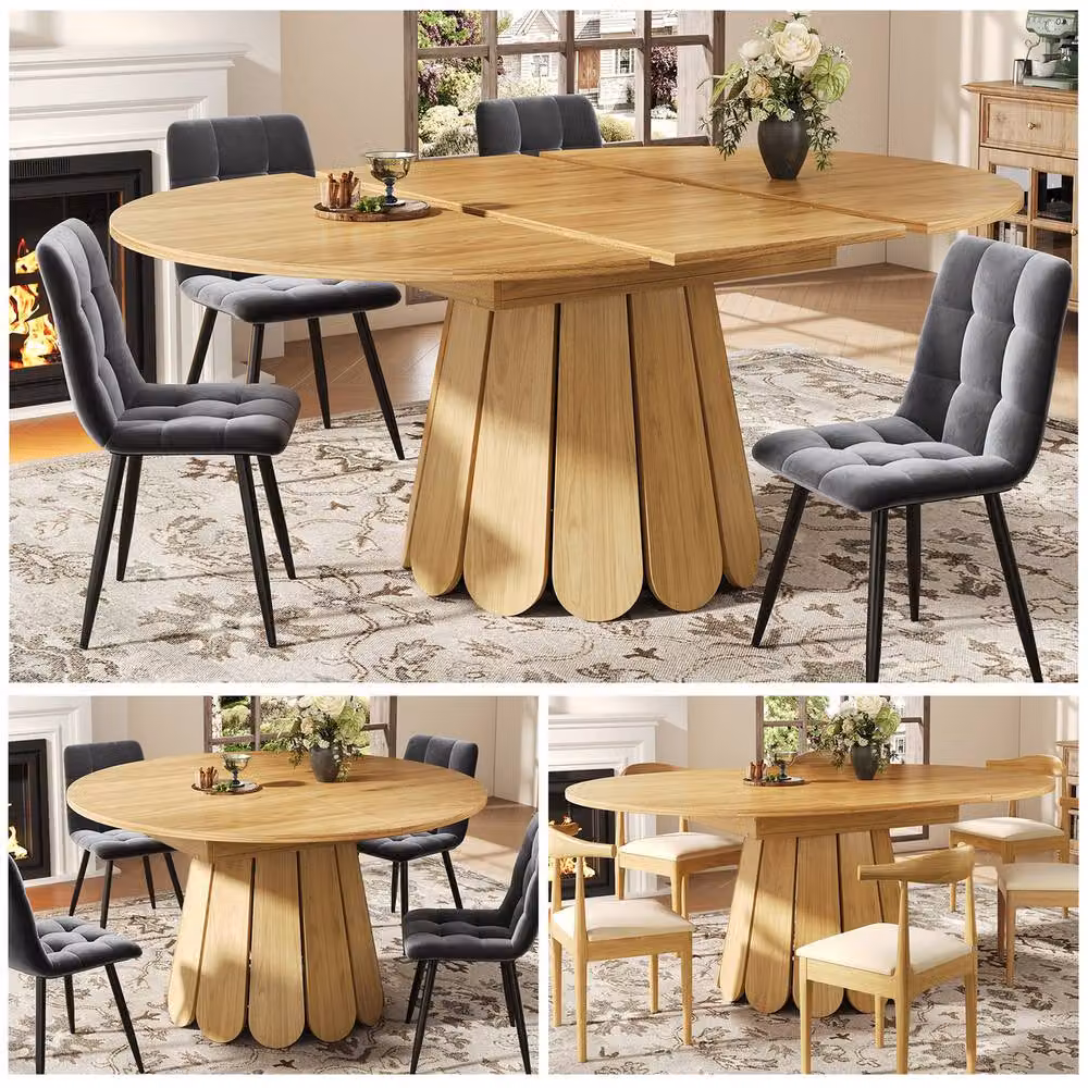 Rolipo Extendable Round to Oval Dining Table in Natural Wood Effect Brown and Beige, W/D/H: 118 x 118 x 76 cm (Extends to 158 cm) – 5