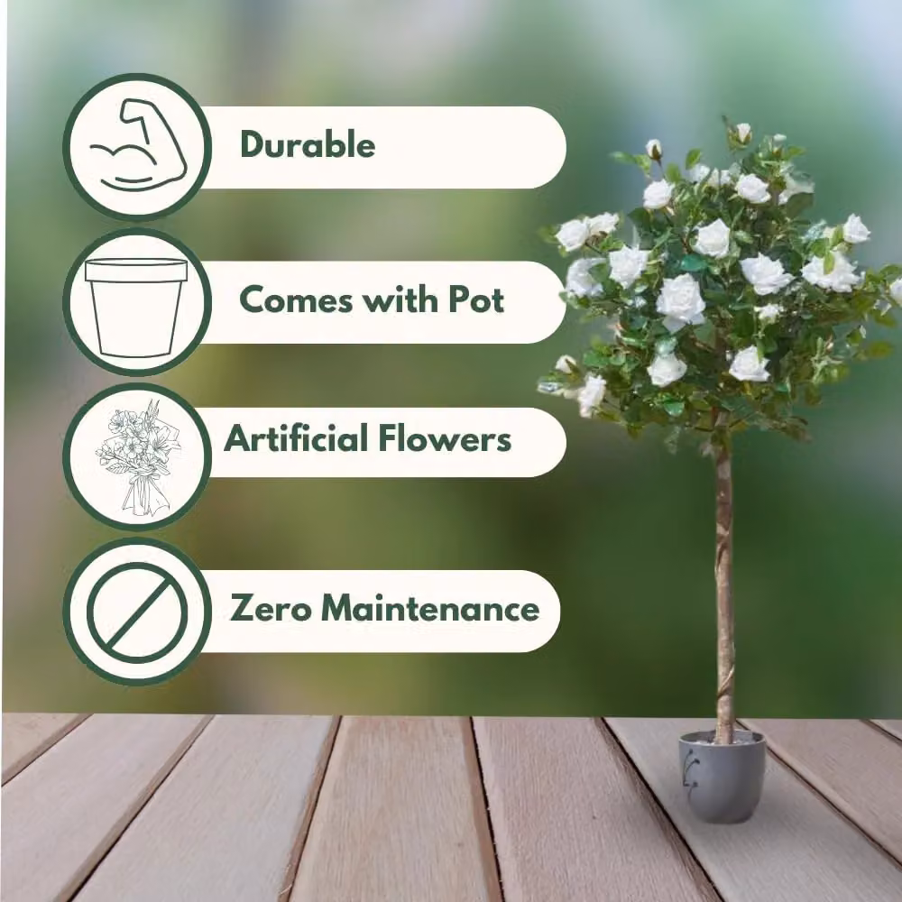 Marco Paul 120cm Freestanding Artificial White Rose Plant in Green – 4