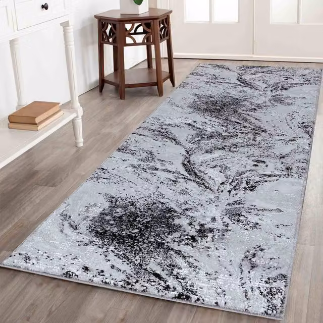 Desire Rugs Modern Abstract Water Flow Grunge Texture Runner, Black and Grey, W: 60 cm, L: 220 cm