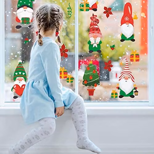 WALPLUS Christmas Gnomes and Snowflakes Window Stickers, 63-Piece Multicolour Reusable and Removable Set – 2