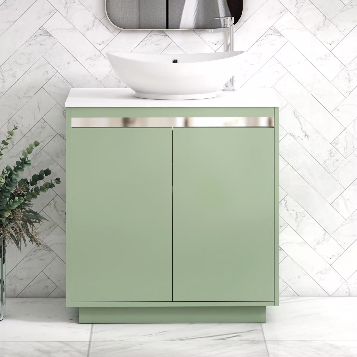 Royal Bathrooms Orion 800mm Mint Sage Floor Standing 2 Door Vanity Unit with Amaze Basin and Chrome Accent Trim