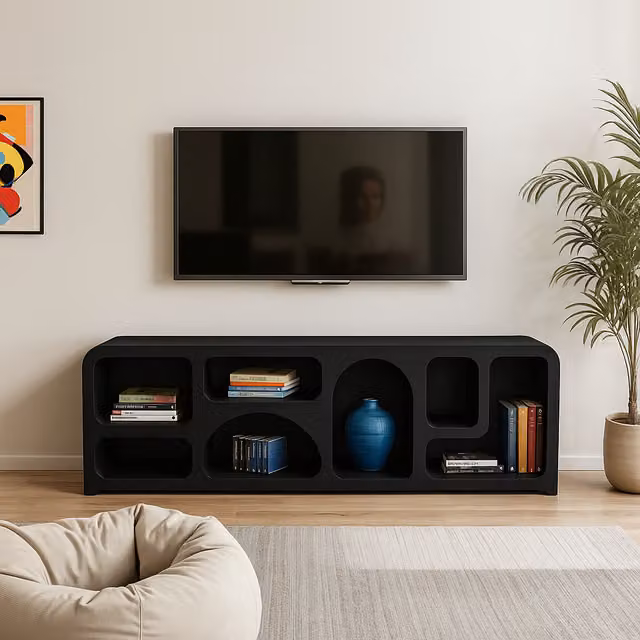 IH Design Otis Geometric Large TV Cabinet in Matt Black, W: 150 cm, H: 150 cm