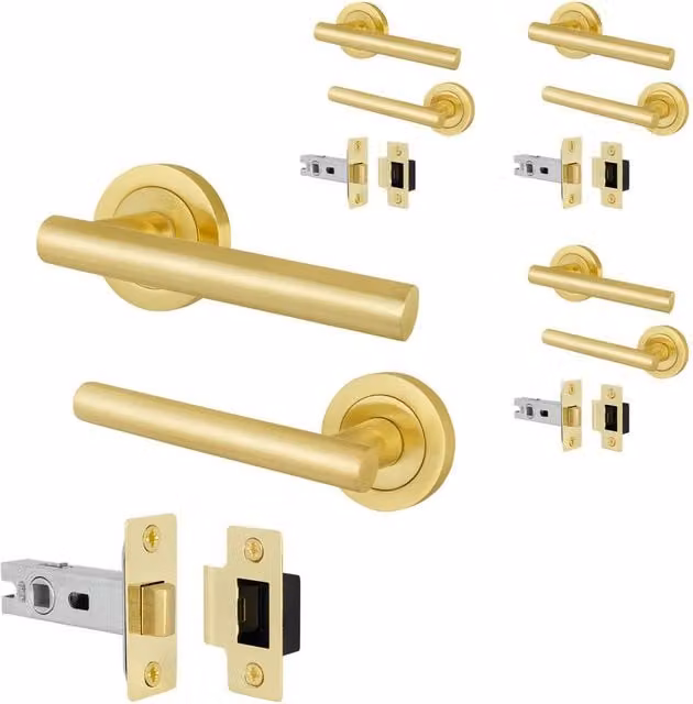 AFIT Satin Brass T-Bar Door Handle and Latch Set with Round Rose in Gold, 4 Pairs