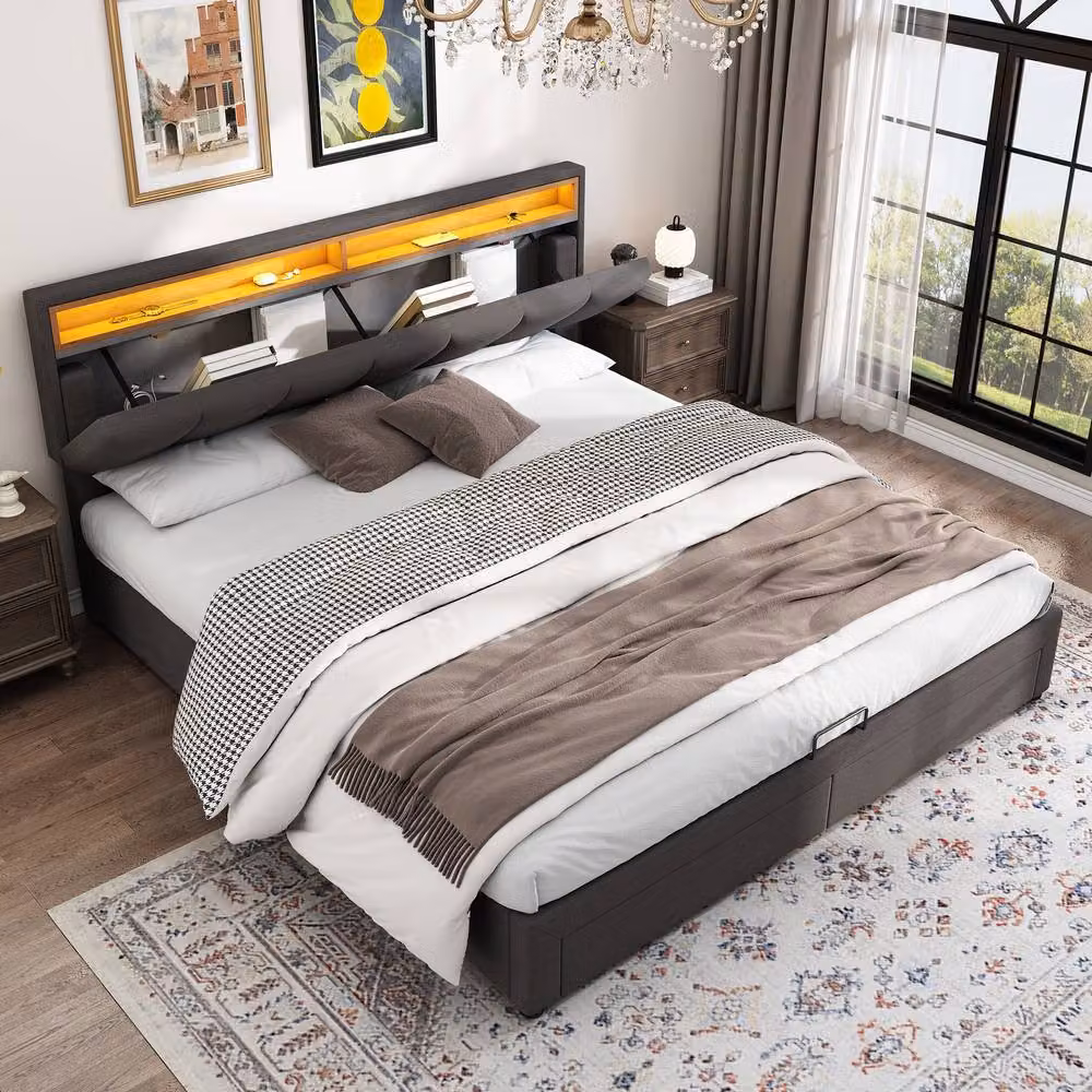 Matteo Super King Upholstered Bed with LED Lighting and Lift Up Base in Grey Linen, W/D/H: 180 x 200 x 102 cm – 2