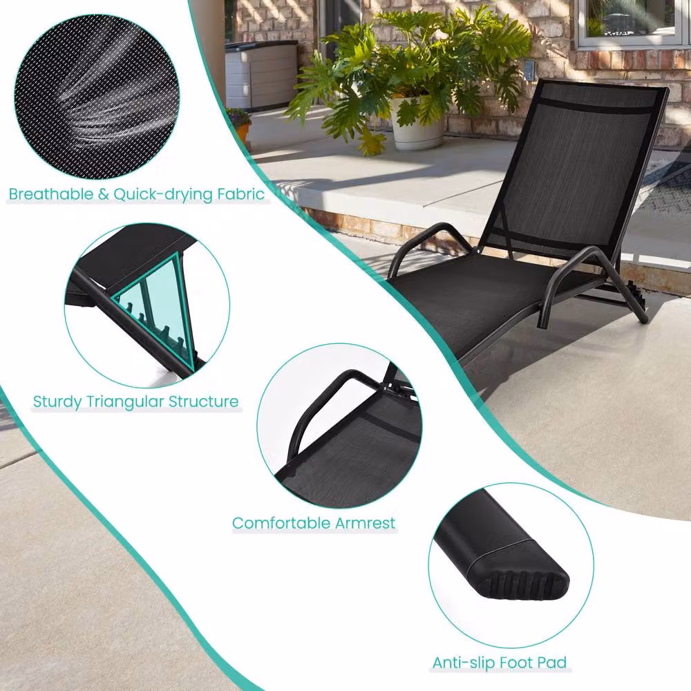 Costway Set of 2 Outdoor Chaise Lounge Chairs with 5-Position Adjustable Recliners in Black – 5