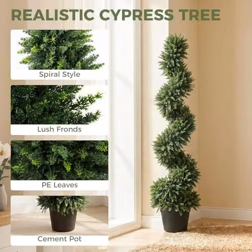HOMCOM Set of 2 Artificial Cypress Topiary Spiral Trees in Green Pots, Height: 120 cm – 3