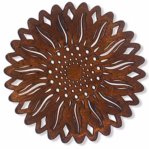 Rustic Warehouse Norfolk Limited Round Floral Metal Wall Plaque, Brown Sunflower Garden Decoration