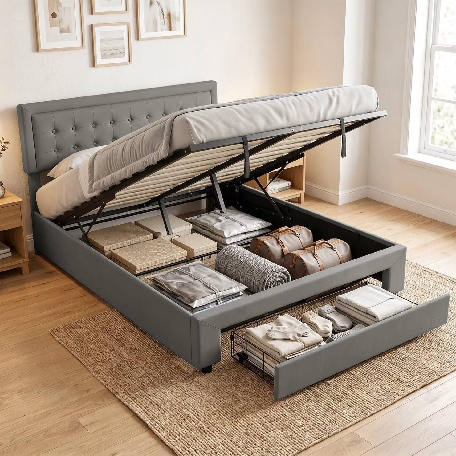 HOMCOM King Size Upholstered Ottoman Bed Frame with Lift-Up Base and Storage, Grey, 180 x 200 cm – 2