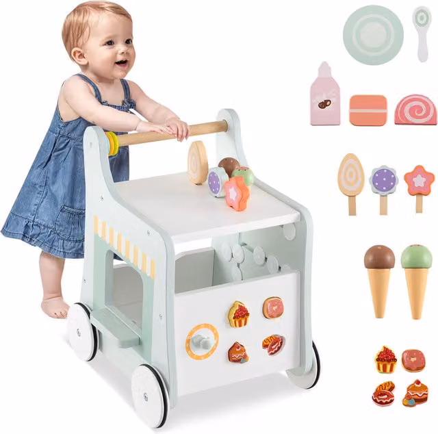 Costway Multicolour Wooden Push Along Baby Walker in Green