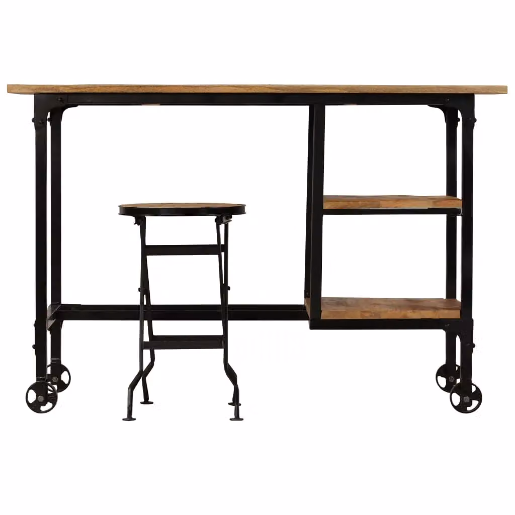 Berkfield Home Office Desk and Folding Stool in Brown Solid Mango Wood, W/D/H: 115 x 50 x 76 cm – 2