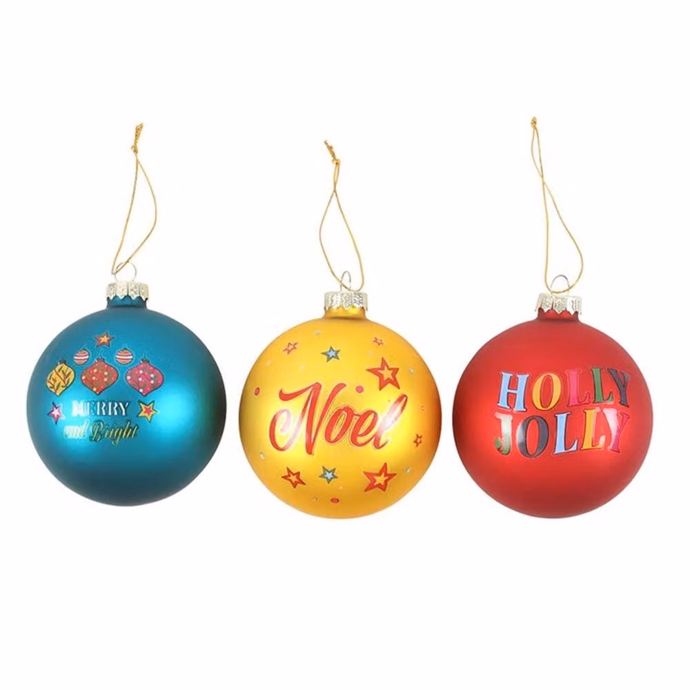 Uniqueful Set of 3 Multicolour Nostalgic Christmas Glass Baubles with Lettering and Stars – 2