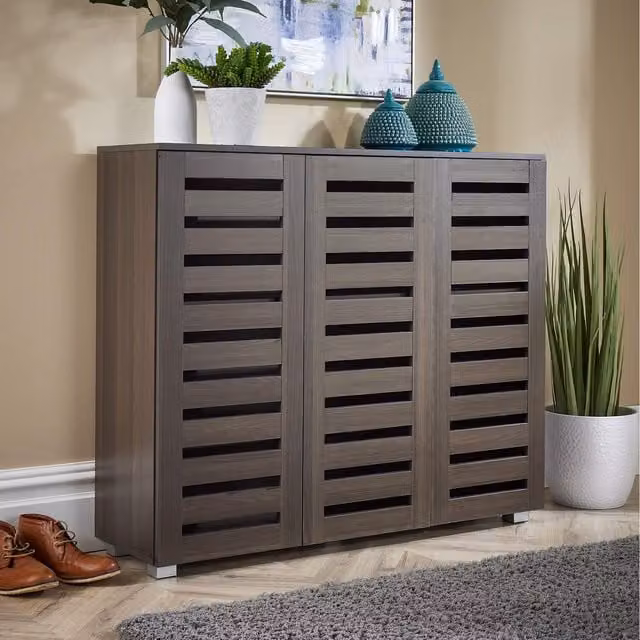 Home Source Oslo 3 Door Shoe Storage Cabinet Unit in Brown Wood with Tilting Compartments and Ventilation