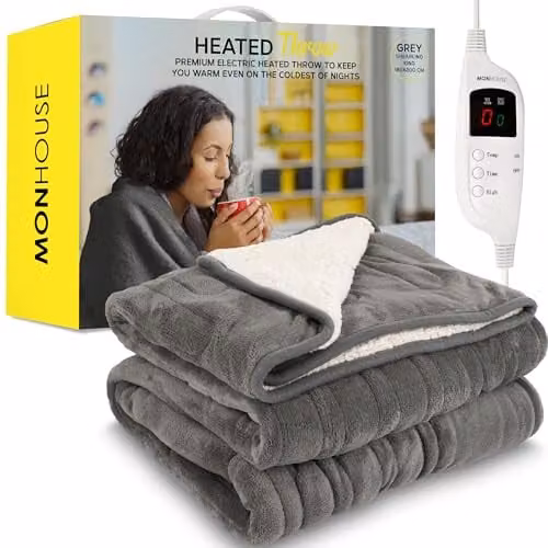 MONHOUSE Grey Heated Electric Blanket with Plush Coral Fleece and Flannel, W/D/H: 180 x 200 cm