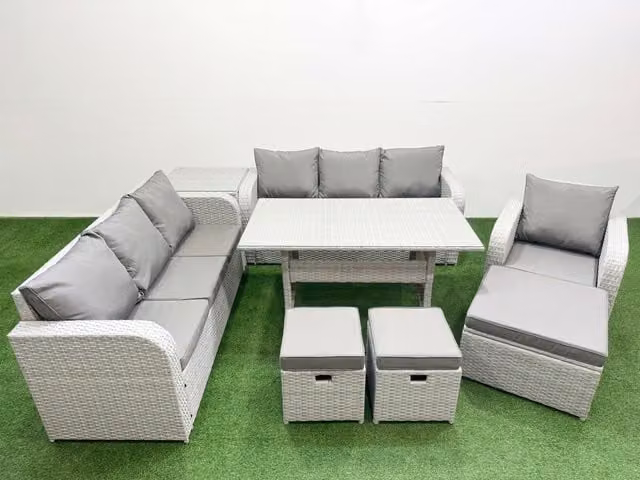 Fimous 10 Seater Poly Rattan Outdoor Garden Furniture Set in Grey with Rectangular Dining Table, 3 Seater Sofas, Reclining Chair and 3 Stools