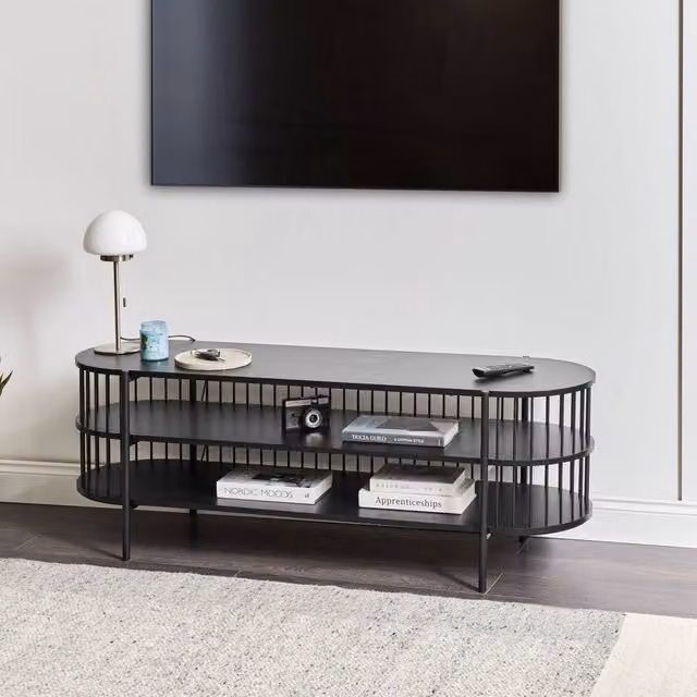 Wyld and Coco Modern Black MDF and Metal 2-Shelf Low TV Stand, W: 140 cm, H: 44 cm, D: 50 cm
