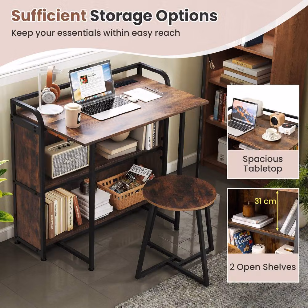 Costway Folding Computer Desk Set with Stool and AC Outlets, Brown – 4
