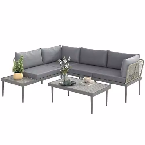 Outsunny 3 Piece L Shaped Rattan Garden Furniture Set with Upholstered Cushions, Grey