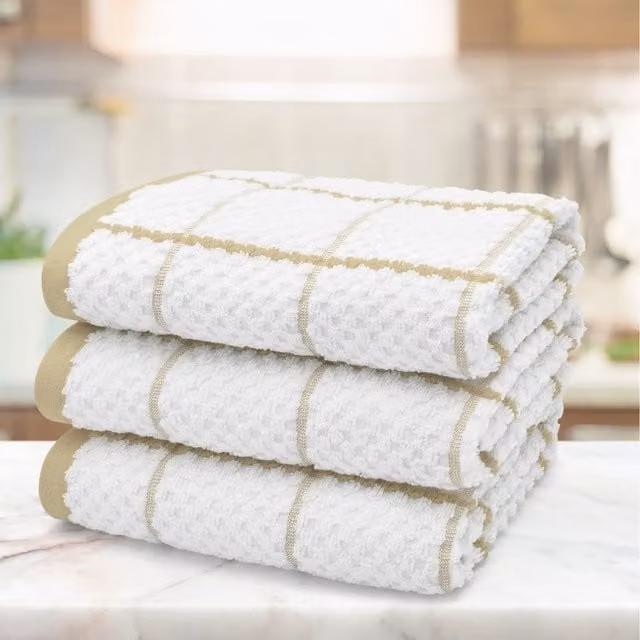 Kitchen Trends Set of 3 Highly Absorbent Checked Cotton Tea Towels in Beige and White