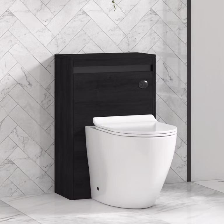 Royal Bathrooms Orion Hale Black BTW WC Unit with Elva Rimless Toilet Pan, Slim Seat and Cistern, White and Black Accent Trim, Width: 54 cm