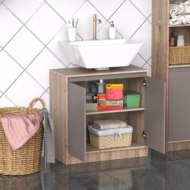 HOMCOM Retro Under-Sink Bathroom Storage Cabinet with Adjustable Internal Shelves and Hinged Doors in Grey and Brown