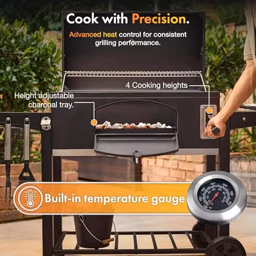 VonHaus Charcoal BBQ with Accessories – XXL American Portable Barbecue Grill and Smoker in Grey and Black – Max Width: 153 cm – 4