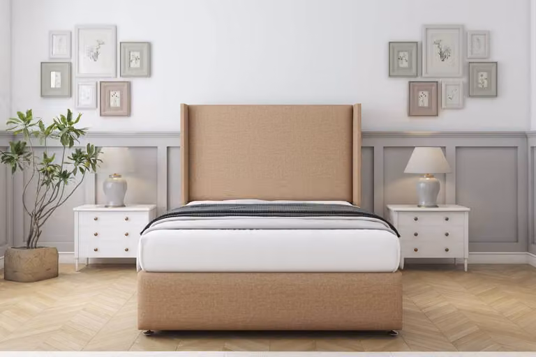 Sloomy Stratford Dumfries Divan Set with Wingback Headboard and Footboard in Light Brown, Super King Size