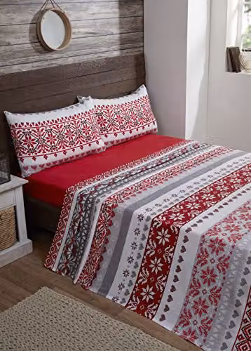 Rapport Home Fairisle Red Flannelette Cotton Double Bedding Set with Fitted Sheet, Flat Sheet and Pillowcase – 1