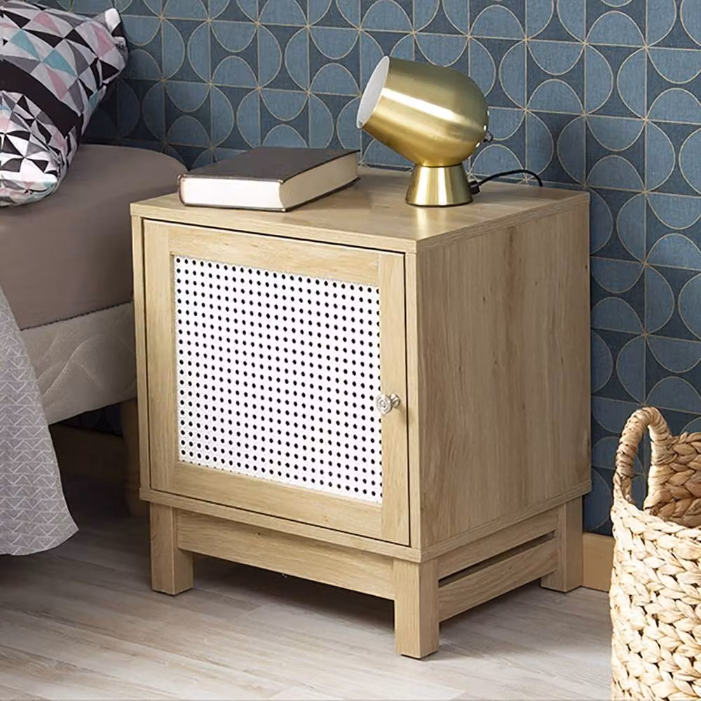 CALICOSY Modern Bedside Table with Rattan Front and 1 Door in Light Brown, W/D/H: 35 x 45 x 50 cm – 2