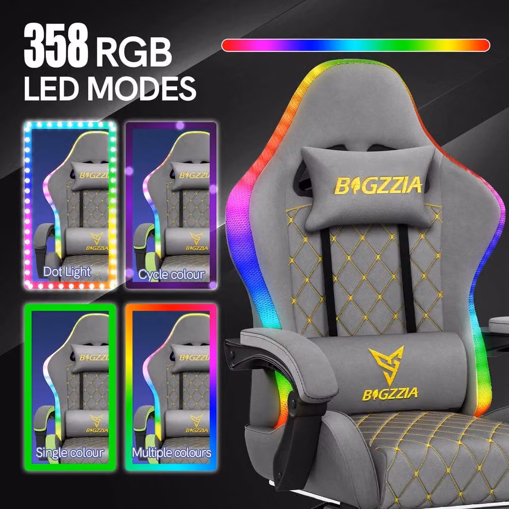 Gartistgo Grey PU Leather Gaming Chair with RGB Lights, Footrest and Headrest – 3