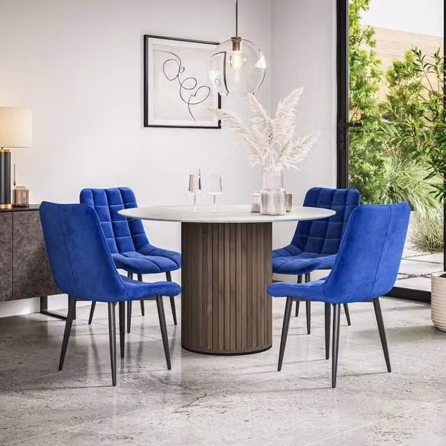 More4Homes Arlo White Marble Top Round Dining Table with Walnut Legs and 4 Blue Nova Velvet Dining Chairs Set, W/D/H: 120 x 120 x 75 cm – 1