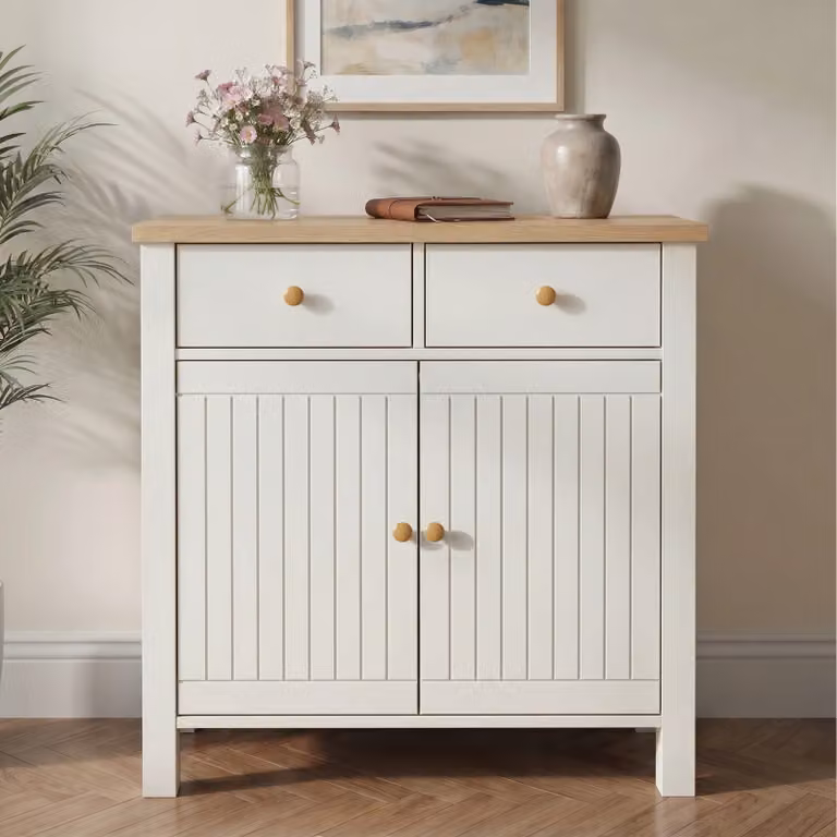 DHS Linra White Small Sideboard with Oak Top and Drawers W/D/H: 81 x 39.5 x 80 cm
