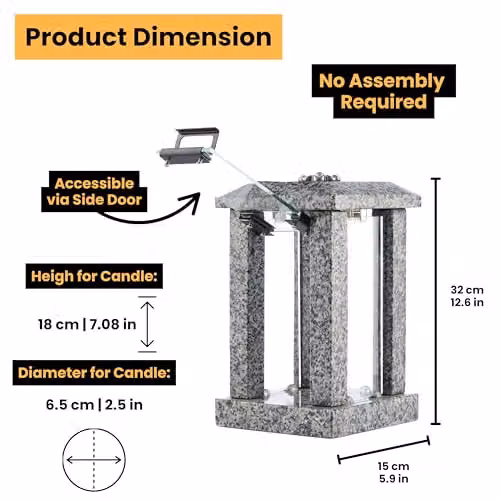 NOVECRAFTO Large Square Granite Candle Lantern with Floral Decor in Grey Stone, H 32 cm – 3