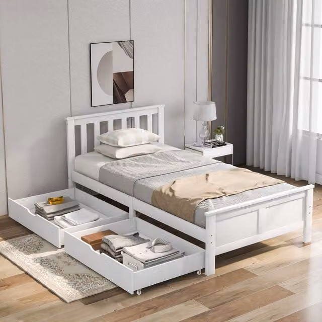 Aosom UK White Pine Single Bed with Under-Bed Storage Drawers, H 82 x W 100 x D 196 cm – 1