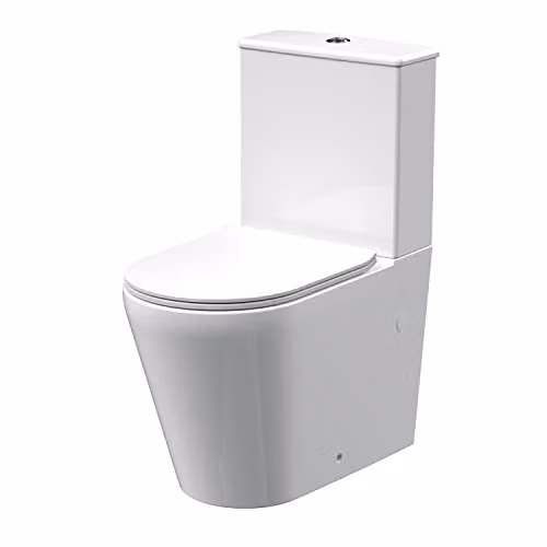 nuie NCG650 Freya Modern Compact Round Rimless Wall Mounted Ceramic Toilet Pan with Cistern and Soft Close Seat Set, White – 1