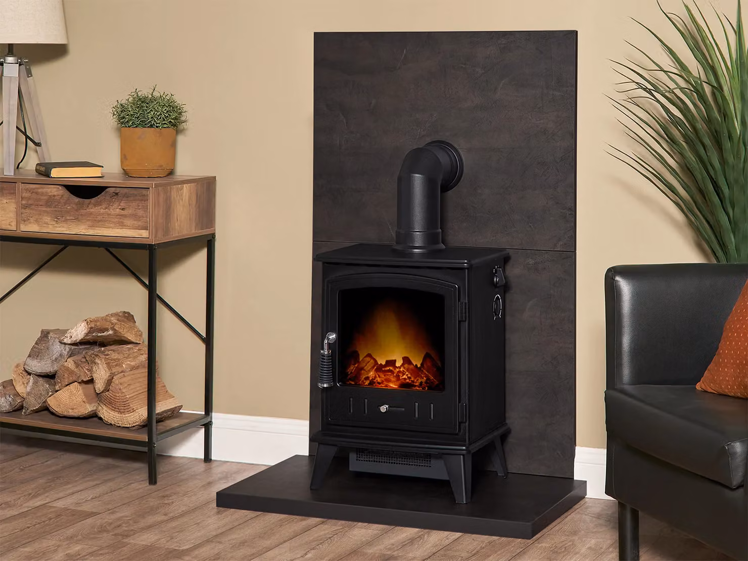 Acantha Fires & Fireplaces Tile and Hearth Set in Bronze Venetian Plaster Effect with Aviemore Stove and Black Angled Pipe – 2