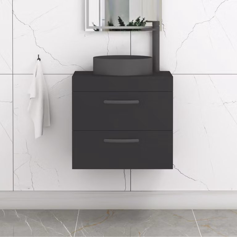 Royal Bathrooms Turin 800mm Wall Hung Vanity Unit with 2 Drawers and Art Round Countertop Basin in Matt Black with Brushed Brass Handle