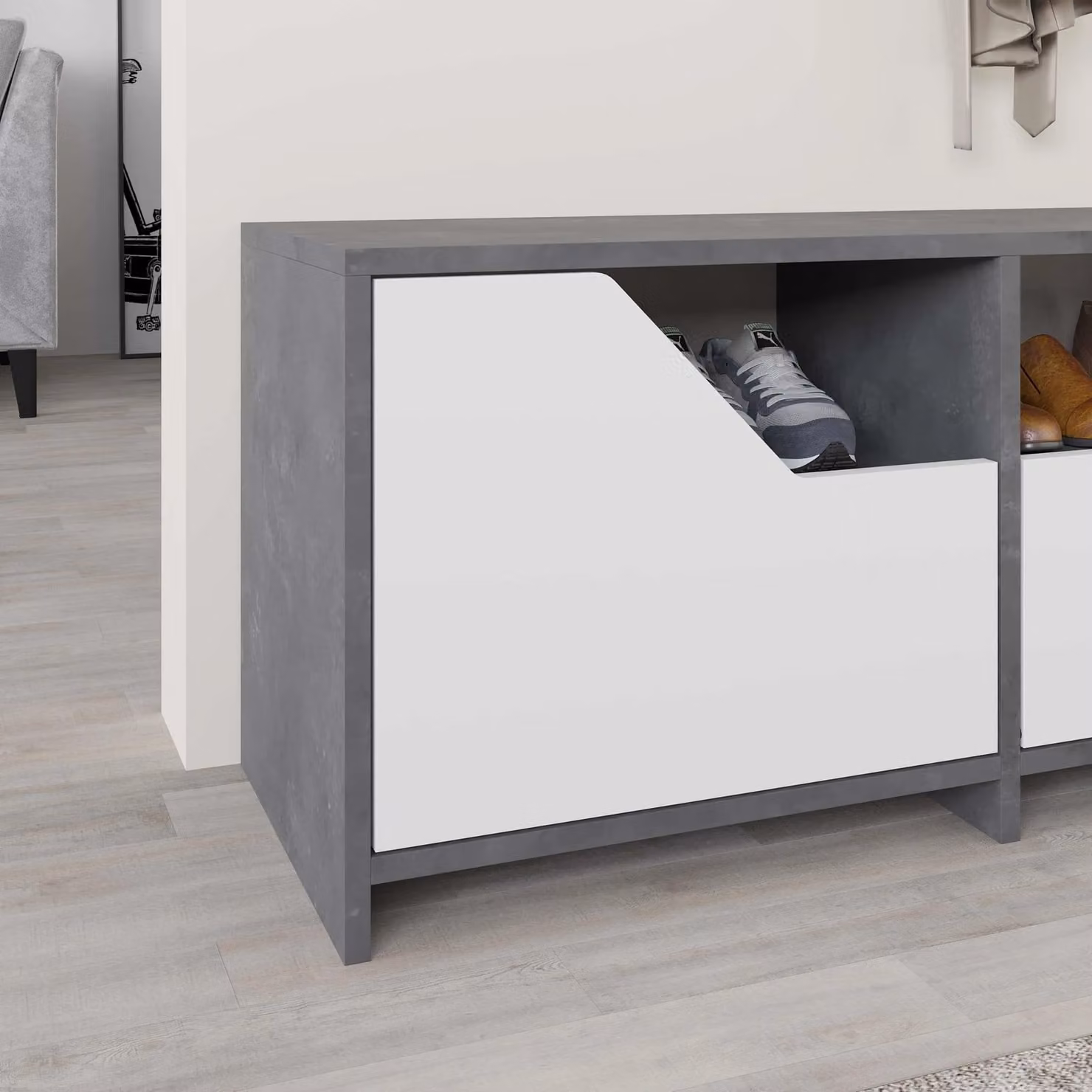 Decortie Nexus Modern 2-Door Shoe Cabinet with Open Shelf in Mid Grey, Width: 105 cm – 3