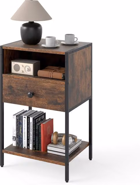 COSTWAY Industrial Brown Wood and Metal Freestanding Bedroom Nightstand