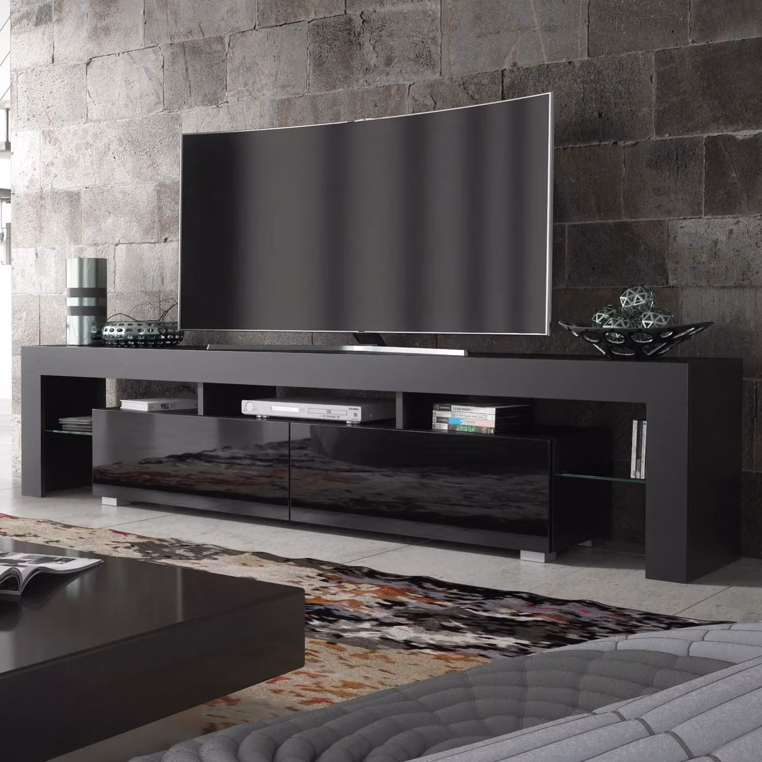 Creative Furniture Modern Black High Gloss TV Unit W: 200 cm, H: 45 cm, D: 35 cm – 4
