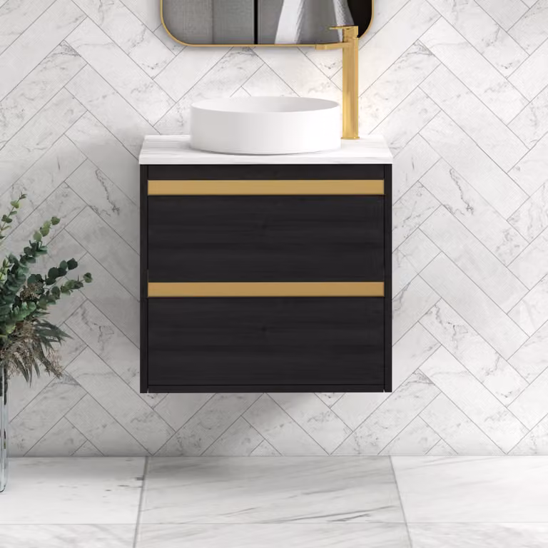 Royal Bathrooms Orion 800mm Hale Black Wall Hung Vanity Unit with 2 Drawers, Carrara White Undrilled Worktop and Brushed Brass Accent Trim