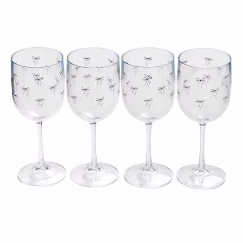 OHS Set of 4 Reusable Plastic Bow Print Wine and Champagne Glasses in Black and Transparent – 1