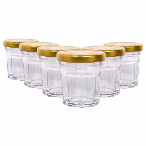 Argon Tableware Glass Jam Jars with Gold Metal Screw Tops, 30ml, Pack of 6 – 1