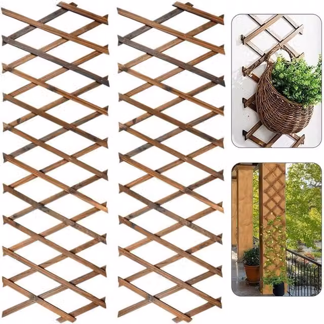 Kelvenix 2 Pack Brown Adjustable Woven Garden Lattice Trellis Fence for Climbers and Wall Mounting – 1