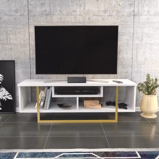 Decorotika Asal Minimalist TV Unit in White, Gold and Grey, Width: 120 cm
