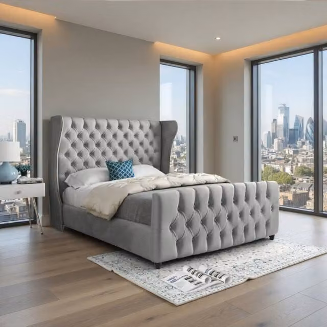 KDMD Kettering Chesterfield Upholstered Grey Velvet Designer Bed Frame, W/D/H: 120 x 200 x 137 cm