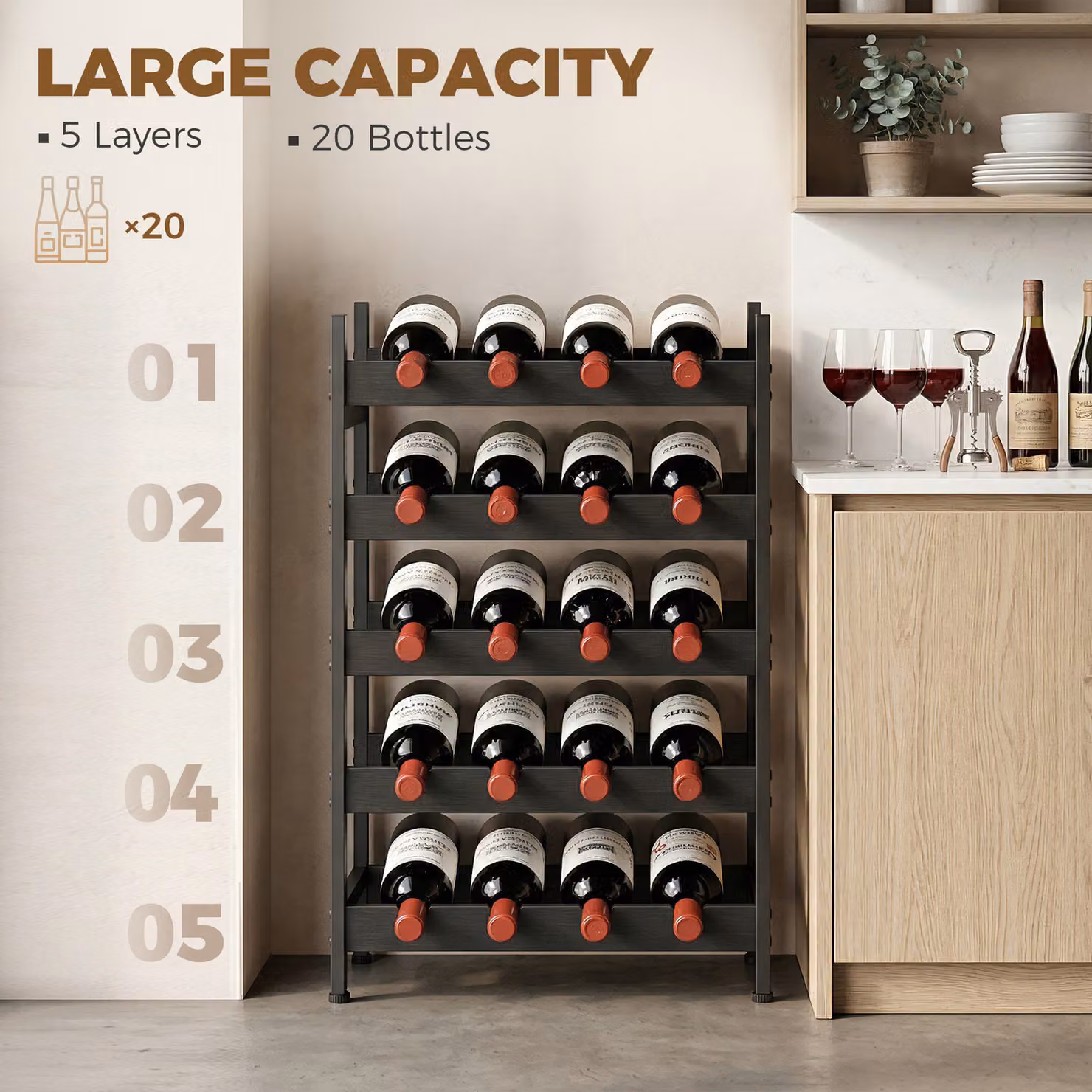 HOMCOM Industrial 5-Tier Freestanding Wine Rack and Liquor Cabinet in Black – 4