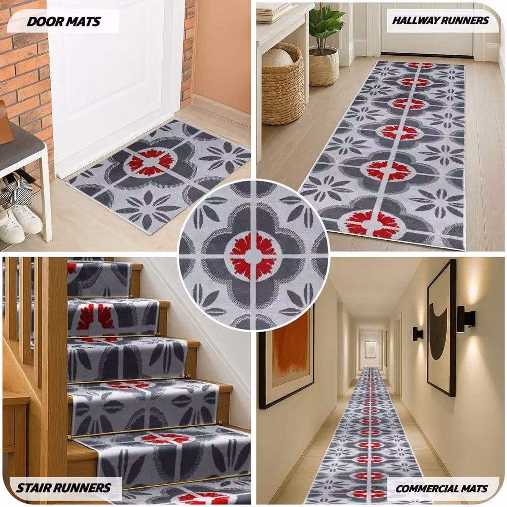 Bravich LTD Floral Tile Hallway Runner Rug, Red, W: 60 cm, L: 240 cm – 6