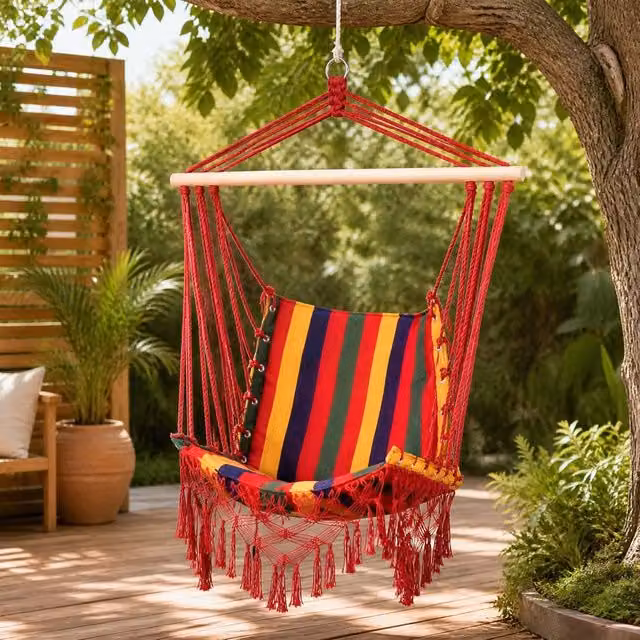 STILVORA Multicolour Striped Boho Hanging Chair with Tassels for Indoor and Outdoor Use
