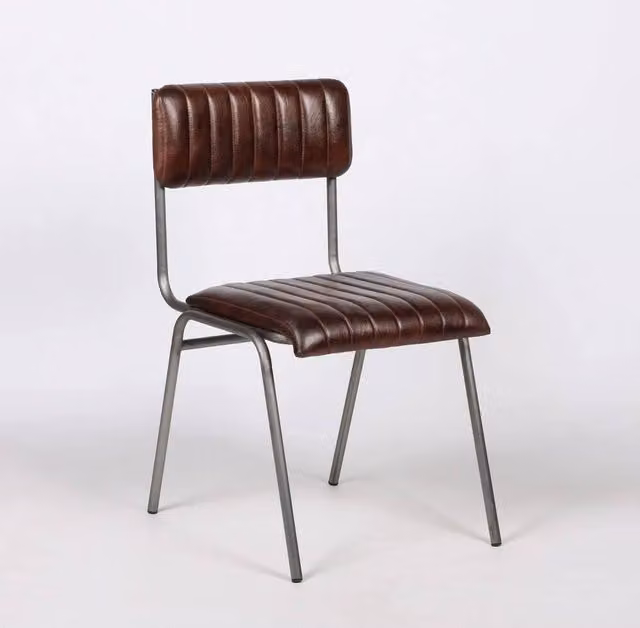 PAWNORA Vintage Metal Dining Chair with Brown Synthetic Leather, H 78.5 x W 45 cm x D 44 cm